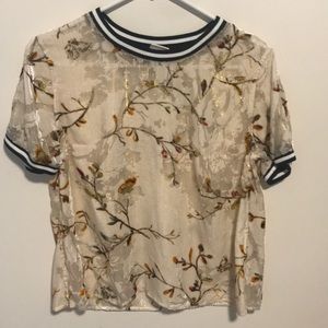Sheer floral top with metallic threading